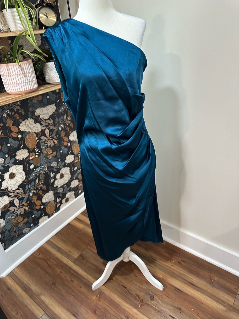 Rachel Zoe Teal One-Shoulder Satin Draped Cocktail Dress